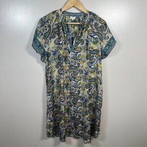 Dolma Silk Blend Shift Dress One Size Paisley Blue Yellow Boho Artsy Art to Wear